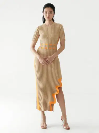 PH5 Jodie Pleated Long Dress With Wavy Side Slit in Brown Size AU 8