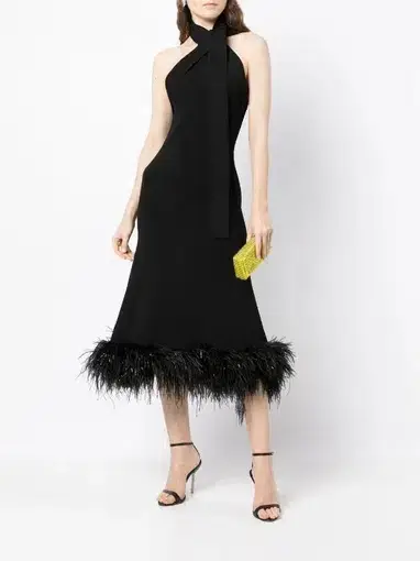 Rachel Gilbert Rita Feather-trim Halter Neck Dress Black Size XS / AU 6