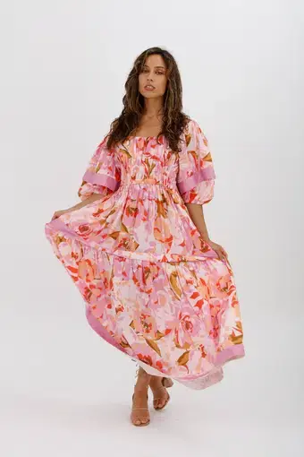 Acler Wayland Short Sleeve Printed Midi Dress Pink Floral Size 8