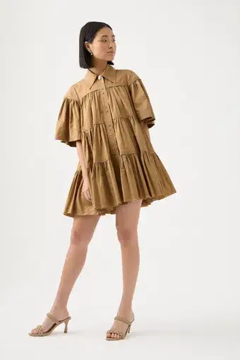 Aje Lana Smock Mini Dress Willow Brown Size AU 8