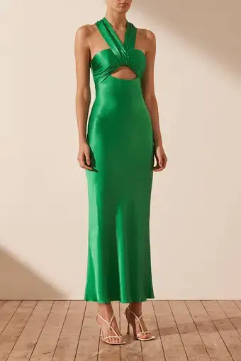 Shona Joy Lana Ruched Halter Midi Dress Tree Green Size 6