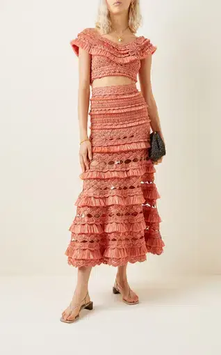 Zimmermann Postcard Fringe Crochet Midi Skirt Pink Size 0 / AU 8