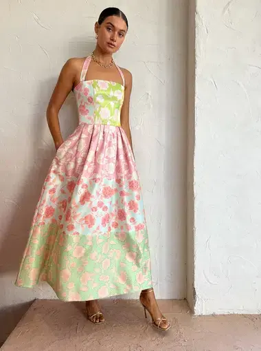 Leo Lin Ana Halterneck Maxi Dress Anemone Splice Print Size 12