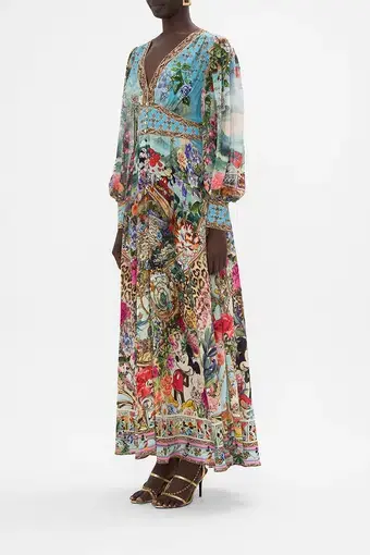 Camilla Mickey Takes A Trip Shaped Waistband Maxi Dress With Gathered Sleeves Size XL / Au 16
