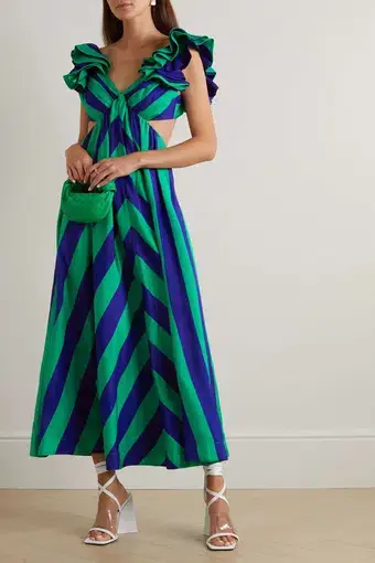 Zimmermann The Tiggy Frill Shoulder Dress in Navy/Green Stripe
Size 2 / Au 12