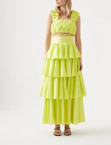 Aje Medina Ruched Cropped Top and Tiered Midi Skirt Set in Light Lemon 
