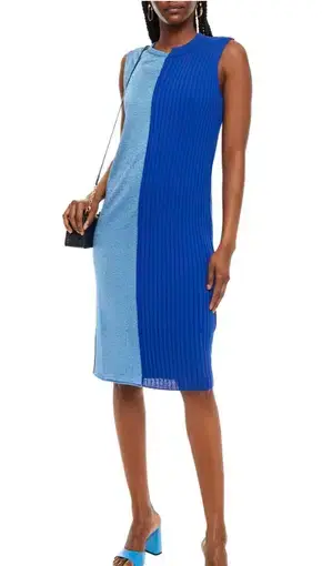 M Missoni Two-tone Metallic Ribbed And Crochet-knit Dress Blue Size 12