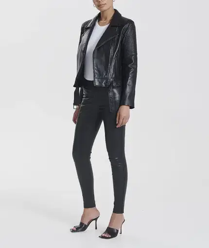 Ena Pelly Classic Leather Biker Jacket in All Black Size AU 12