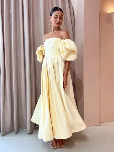 Leo Lin Matilda Puff Sleeve Midi Dress Lemon Size 8