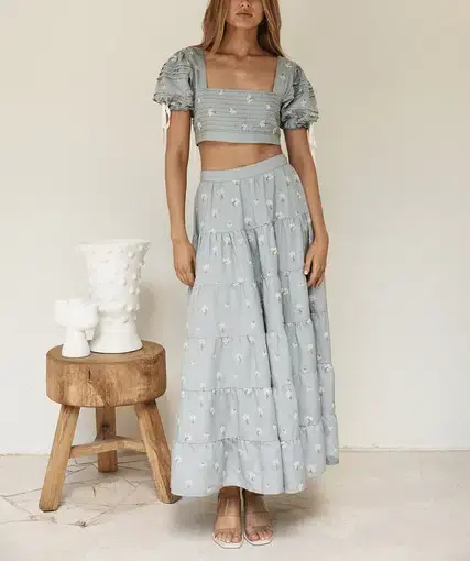 By Odet Fleur Embroidered Crop and Maxi Skirt Set Periwinkle Size M / Au 10