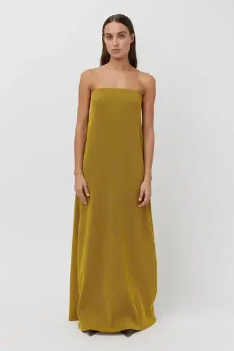 Camilla and Marc Izaro Strapless Maxi Column Dress in Brown/Gold Stripe Size 12