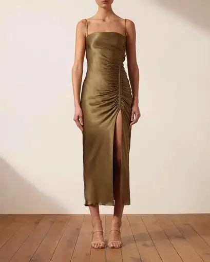 Shona Joy Thalia Bias Ruched Midi Dress in Cumin Size AU 8