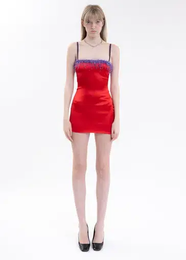 Danielle Guizio Satin Beaded Mini Dress Red Size M/Au 8