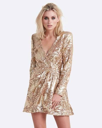 TORANNCE Sequin Gold Wrap Dress 6