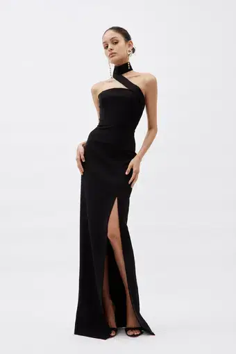 Monot Long Black Gown with Asymmetrical Strap Black Size 6