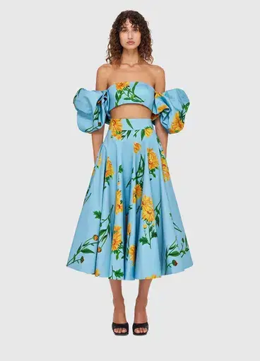 Leo Lin Marguerite Bleu Puff Top and Maxi Skirt Set Floral Size 8