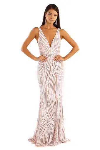 Noodz Boutique Sapphira Sequin Gown White/Beige Size 6