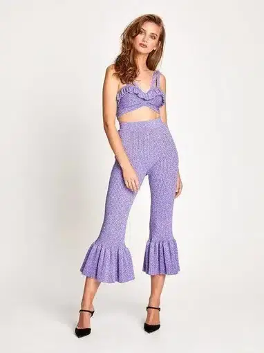Alice Alice McCall Love Letters Crop Top and Flared Pants Set Purple Sparkle Metallic Size 8 