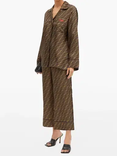 Fendi Logo FF Print Silk Twill Pyjama Shirt Brown Size 8