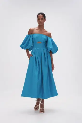Aje Eugenie Off Shoulder Midi Dress Azure Blue Size AU 8