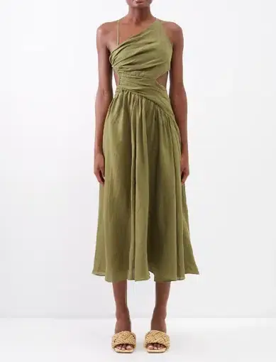 Zimmermann Laurel Asymmetric Linen Midi Dress Green Size 2 / AU 12 