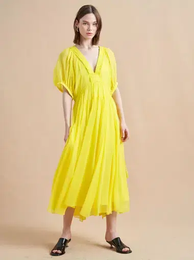 La Ligne Constance Shirred Silk-Chiffon Midi Dress Yellow Size 12
