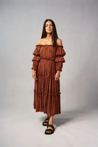 Rooh and Collective Hana Midi Dress in Cinnamon Brown Size L / AU 12