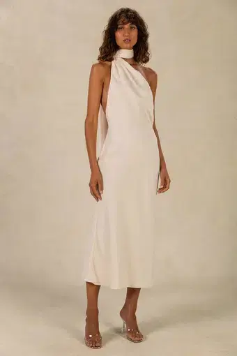 Misha Collection Vivica Satin Midi Dress Ivory Size AU 10