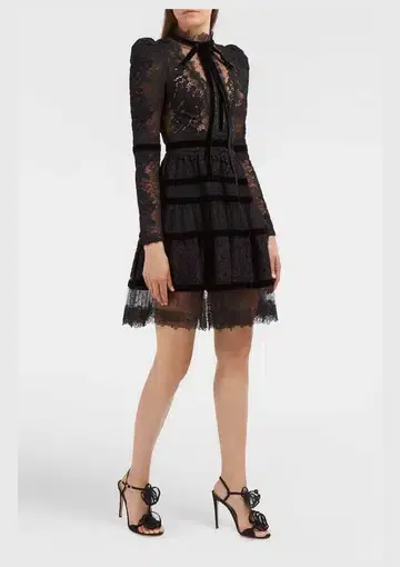 Elie Saab Velvet Trimmed Lace Mini Dress Black Size 6