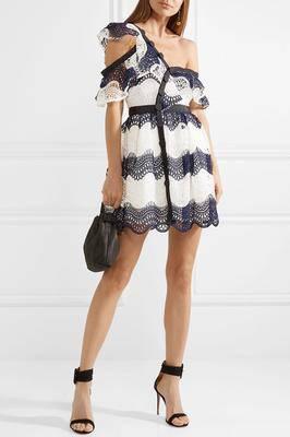 One Shoulder Striped Guipure Lace Mini Dress