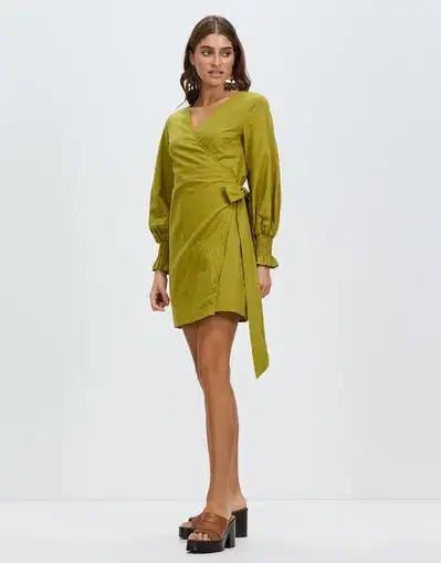 Never Fully Dressed Linen Wrap Mini Dress Olive Size S / AU 8