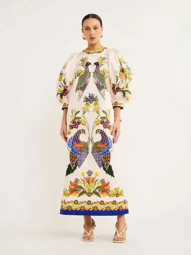 Alémais Effie Puff Sleeve Midi Dress Print Size AU 8 
