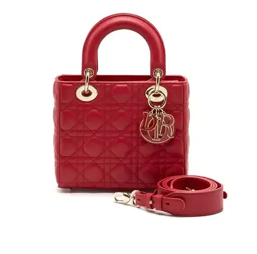 Lady Dior Handbag Gold Hardware Red Leather Small 
