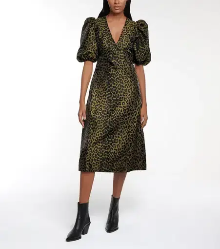 Ganni Puff Sleeve Leopard Jacquard Midi Dress Print Size 44