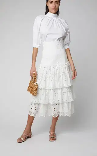 Alexis Faustine Ruffled Broderie Anglaise Cotton Blend Midi Skirt White 
Size XS / AU 6