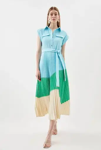 Karen Millen Colour Block Pleated Woven Midi Shirt Dress Multi Size 8