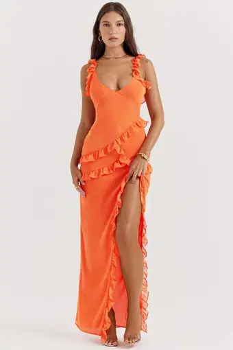 House of CB Pixie Flame Orange Ruffle Maxi Dress Orange Size XS/Au 6