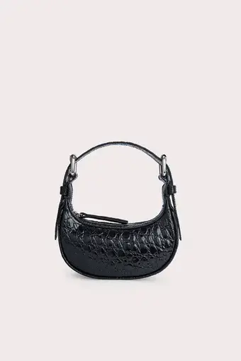By Far Mini Soho Black Circular Croco Embossed Leather Bag  