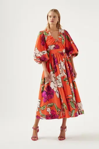 AJE Marlene Floral Midi Dress Vivid Camellia Print Size 8