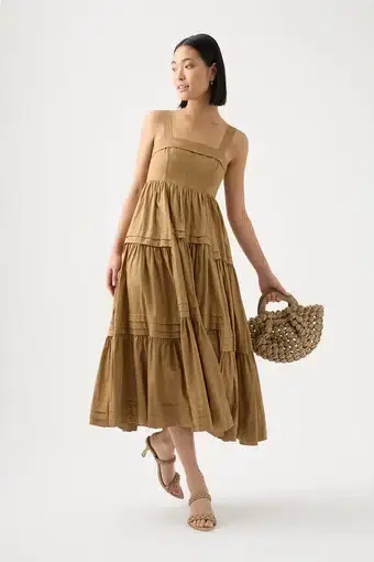 Aje Sophie Tiered Midi Dress in Willow Brown Size 10