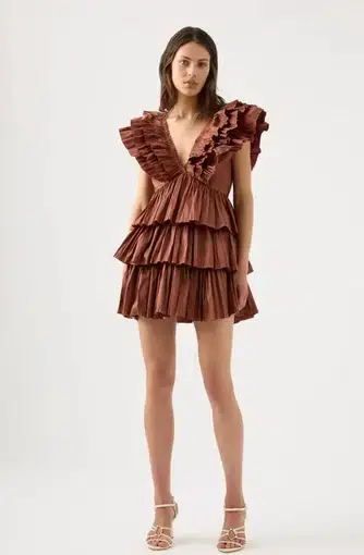 Aje Rhythmic Frilled Mini Dress in Coffee Size 12