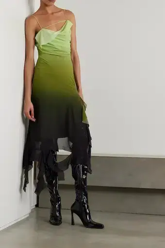 Acne Studios Asymmetric Ruffled Ombré Chiffon Midi Dress Green Size 8