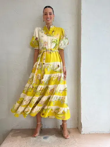 Alemais Ira Belted Tiered Printed Linen Maxi Dress Yellow Size AU 14