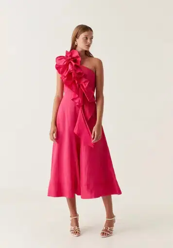 Aje Adelia Ruffle Midi Dress in Bougainvillea Red
Size 10