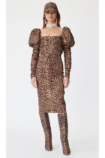 LPA Abana Dress Ruched Midi Brown Animal Print Size XS / AU 4
