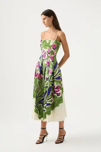 Aje Paradiso Cinched Midi Dress in Native Gumnut Floral
Size 4