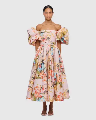 Leo Lin Matilda Puff Sleeve Midi Dress Opulent Print Blush Size 14