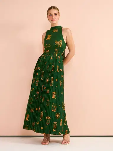 Kate Ford Manisa Pleated Gown In Green Print Size 12