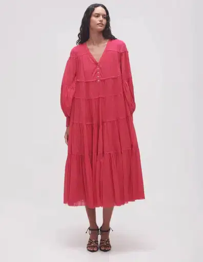 Aje Sally Tiered Plunge Midi Dress Hot Pink Size 14