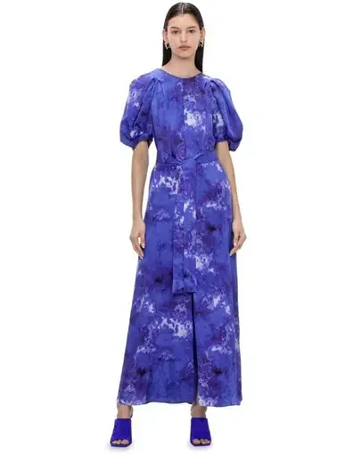 Veronika Maine Clouded Satin Midi Dress Blue Jewel Size 8